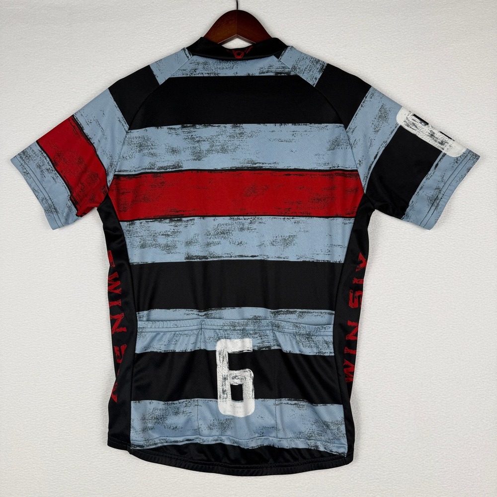 Twin Six Masher Cycling Jersey Mens L Blue Black Striped 3/4 Zip Back Pockets - Picture 2 of 13